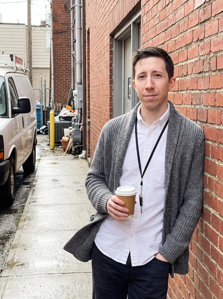 Conall, AI character: outside the back entrance of a small Pittsburgh office building during a late lunch break, a service van…