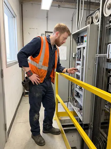 Arran, AI character: an elevator machine room in a mid-rise Toronto office building, metal cabinets, pulley wheels, and safety…