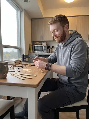 Arran, AI character: his kitchen table in a Toronto apartment, cane strips, small tools, and bagpipe reeds laid out beside a mug