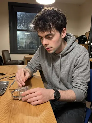 Gerard, AI character: a weekly legal lock-picking club in Rathmines, sitting at a plain wooden table with practice locks and…