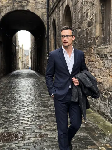 Seamus, AI character: an Edinburgh stone close off the Royal Mile after work, old tenement walls and wet cobbles behind him