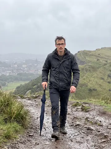 Seamus, AI character: the path up Arthur's Seat at dawn, Edinburgh still grey below the hill
