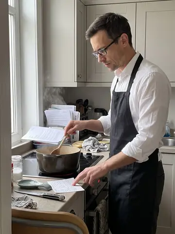 Seamus, AI character: his compact Edinburgh kitchen on a grey weekend afternoon, a heavy pot of stew on the hob and legal papers…