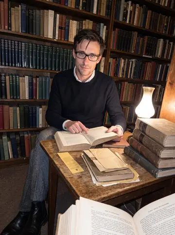 Seamus, AI character: a second-hand bookshop late opening near Stockbridge, dusty legal biographies stacked on a small table