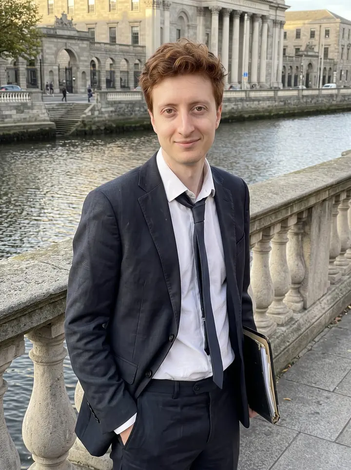 Fintan, AI character: outside the Four Courts in Dublin after a long day, leaning against the stone railing with the Liffey…