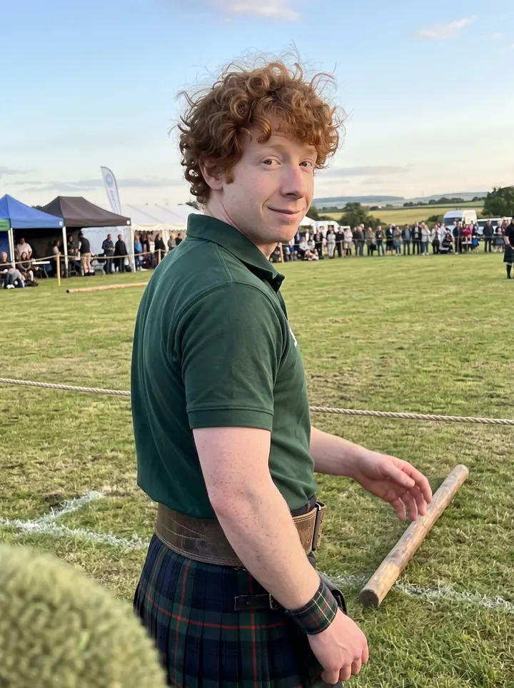 Douglas, AI character: a Highland games field outside Edinburgh in late golden sun, rope barrier and grass pitch behind him