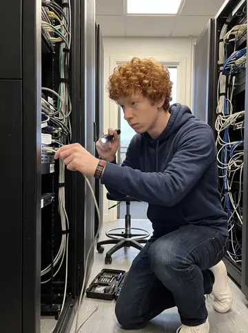 Douglas, AI character: a small server room at his Edinburgh office, open rack door, cable labels and a rolling stool nearby