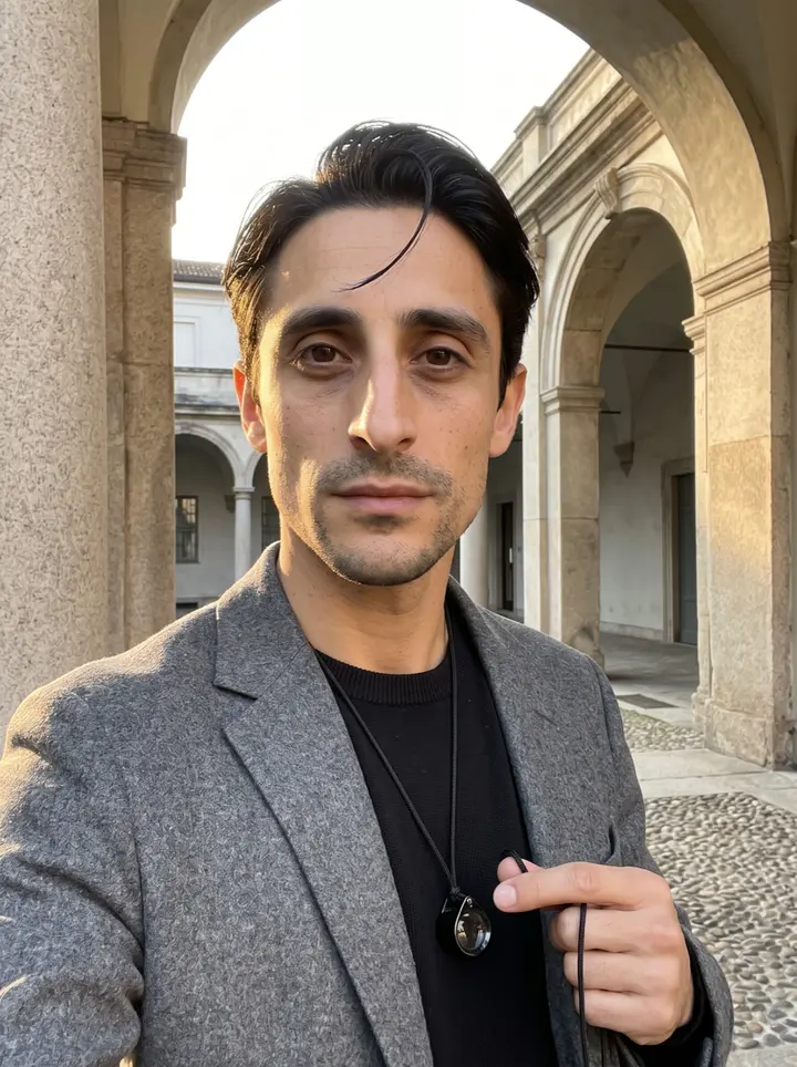 Nico, AI character: the stone-arched courtyard of an old gallery in Brera, Milan, late October late afternoon, leaning a…
