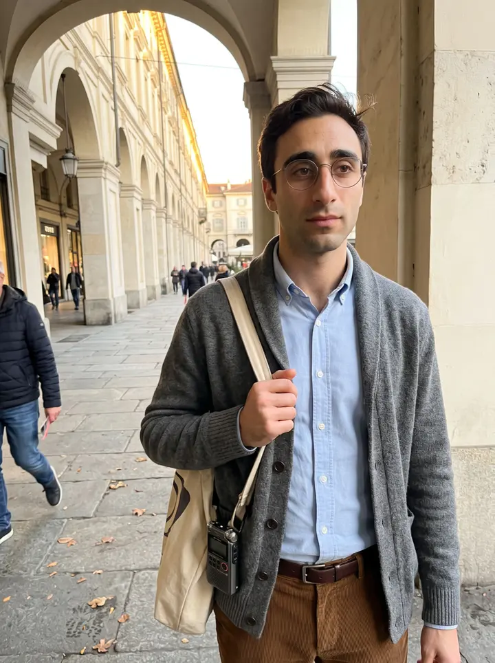 Gaetano, AI character: under the porticos near Via Po in Turin after checking sound reflections in an old courtyard, his small…