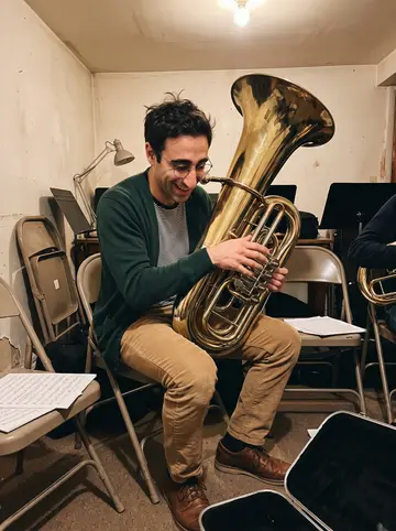 Gaetano, AI character: the neighborhood brass band rehearsal room above a former bakery, folding chairs pushed against the wall…