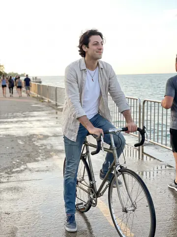 Agostino, AI character: Chicago lakefront path near the water after his shift, secondhand bicycle stopped beside the railing