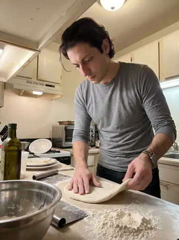 Agostino, AI character: his small Chicago apartment kitchen, pizza dough and a flour-dusted countertop in front of a too-small oven