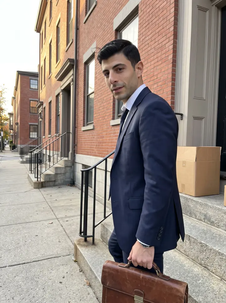 Settimio, AI character: Benefit Street in Providence in late afternoon, brick townhouses and a narrow sidewalk behind him, a few…