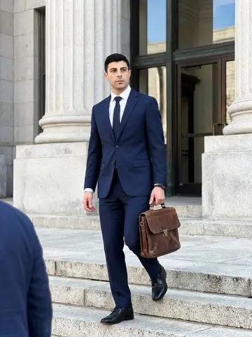 Settimio, AI character: outside the Providence courthouse on a clear weekday morning, stone steps and glass doors behind him