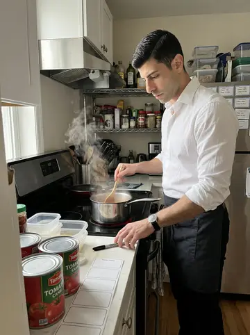 Settimio, AI character: his new Providence apartment kitchen on Sunday morning, tomato cans, freezer labels, and plastic…