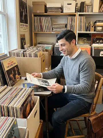 Settimio, AI character: a secondhand record shop on Wickenden Street, Italian film score vinyl sleeves spread on a small listening…