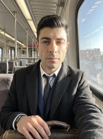 Settimio, AI character: a morning commuter train seat between Providence and downtown, winter sun flashing through the window…