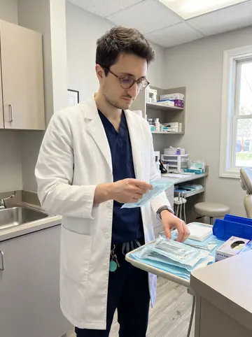 Amerigo, AI character: his small dental practice above a South Philly bakery, standing beside a tray table in an exam room…