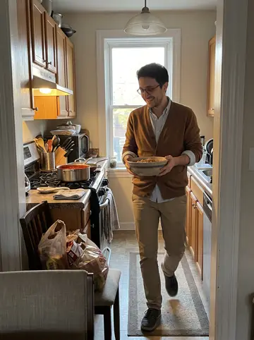 Amerigo, AI character: narrow kitchen of his aunt's South Philly row house on a Thursday evening, tomato sauce pot on the stove…