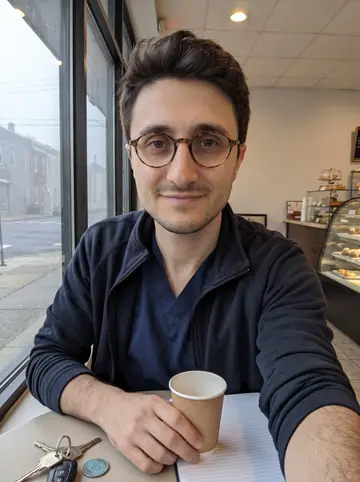 Amerigo, AI character: small bakery downstairs from his practice before opening, foggy South Philly street visible through the…