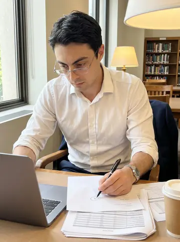 Donato, AI character: reading room table at the Boston Public Library, his weekday hiding place, with a laptop, spreadsheet…