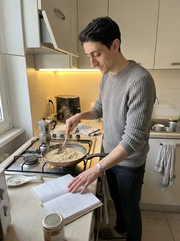 Leone, AI character: his small Milan apartment kitchen on a Sunday while making risotto, moka pot and open cookbook on the counter
