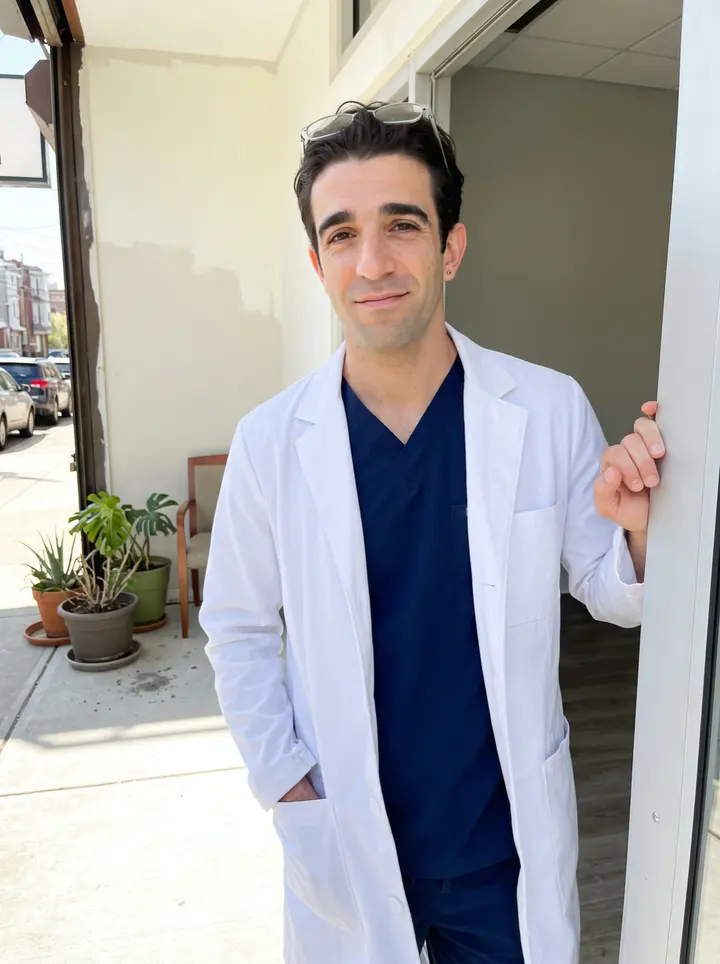 Amedeo, AI character: outside his new South Philly dental practice on a bright spring afternoon, standing in the doorway beside…