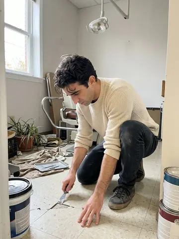 Amedeo, AI character: the waiting room of his old South Philly practice on an overcast autumn day, with cracked tile, stacked…