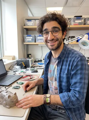 Giancarlo, AI character: a bright Boston medical-device prototyping room, standing beside a workbench with the half-built talking…
