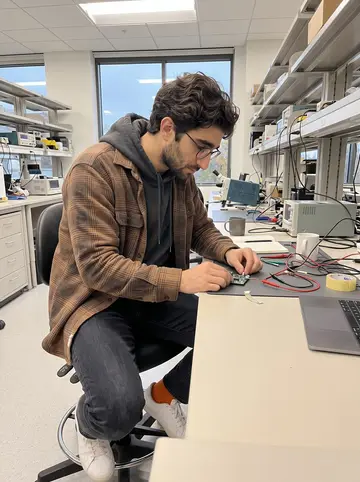 Giancarlo, AI character: his desk area at the medical device company in Boston, with a laptop, a small circuit board, and test…