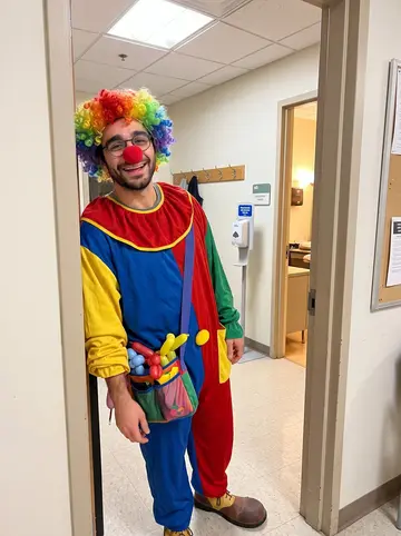 Giancarlo, AI character: a quiet hospital volunteer hallway in Boston after his Saturday ward visit, no patients visible, coat…
