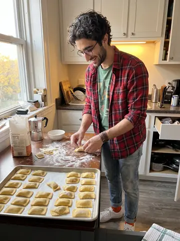 Giancarlo, AI character: his small Boston apartment kitchen, flour on the counter and rows of hand-shaped agnolotti on a tray for…