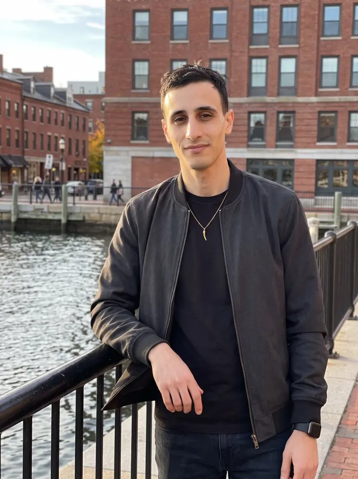 Santo, AI character: Boston North End waterfront railing near the harbor at low autumn sun, brick buildings and water behind him