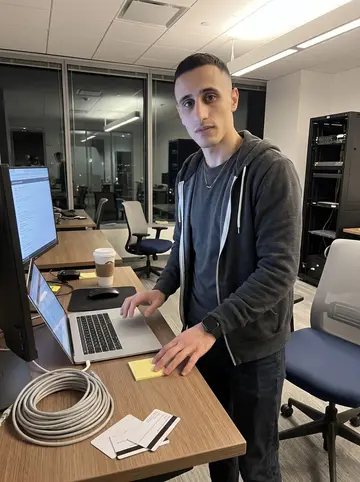 Santo, AI character: after-hours cybersecurity office in downtown Boston, standing beside a desk with laptop, monitor, coiled…