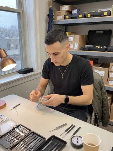 Santo, AI character: legal competitive lockpicking club in a back room above a Boston hardware store on a rainy Thursday evening