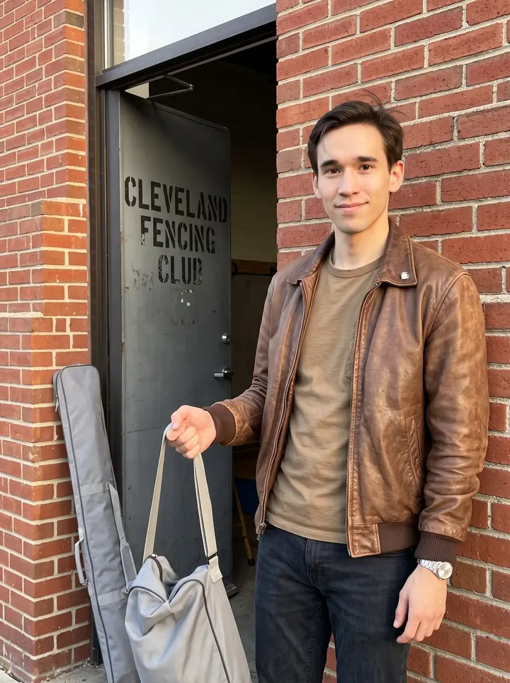 Quirino, AI character: outside a small Cleveland fencing club at golden hour, brick wall and open gym door behind him, foil bag…