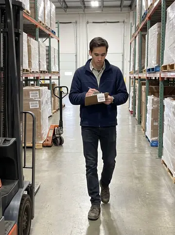 Quirino, AI character: a warehouse aisle outside Cleveland, stacked pallets, barcode labels, and a waxed concrete floor
