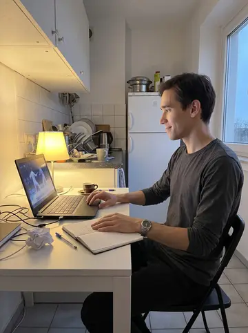 Quirino, AI character: his small apartment kitchen table on a rainy spring evening, battered laptop playing an old Olympic…