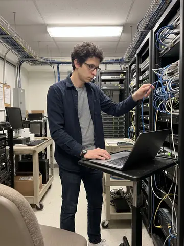 Mattias, AI character: a network operations room in Chicago during an overnight maintenance window, server racks and cable trays…