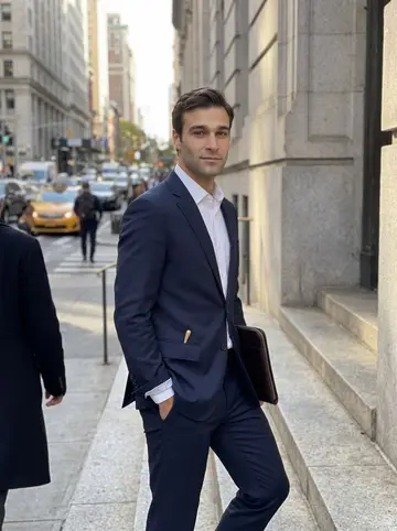 Gianluigi, AI character: outside a lower Manhattan courthouse doorway after a late hearing, stone steps and traffic behind him