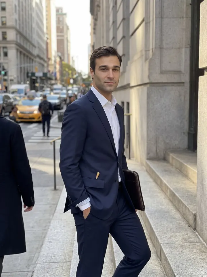 Gianluigi, AI character: outside a lower Manhattan courthouse doorway after a late hearing, stone steps and traffic behind him