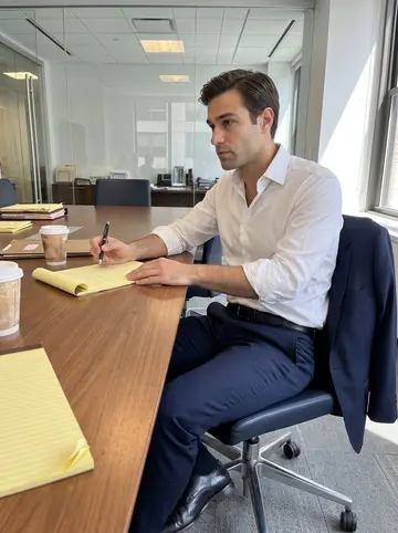 Gianluigi, AI character: a glass-walled conference room in a Midtown law office, legal pads, coffee cups and case folders spread…
