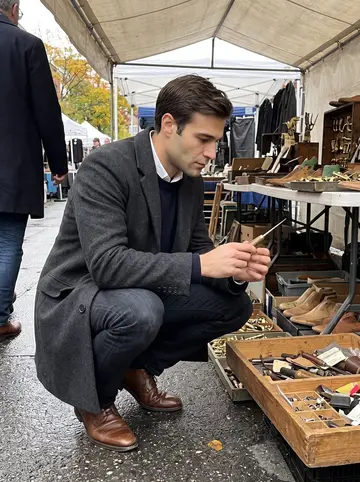 Gianluigi, AI character: a Brooklyn flea market stall with trays of old leather-cutting tools, shoe lasts and brass hardware under…
