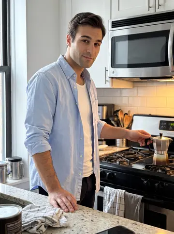 Gianluigi, AI character: his Brooklyn apartment kitchen, small stovetop moka pot on the range, folded dish towel and Italian coffee…