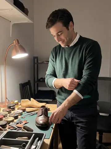 Gianluigi, AI character: a small workbench corner in his apartment with shoe polish tins, a wooden last, leather scraps and hand…