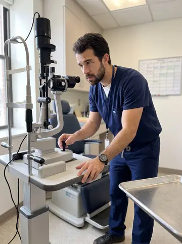 Pierpaolo, AI character: a small ophthalmology clinic prep room in Boston, with exam chair, slit lamp, rolling tray and blank…
