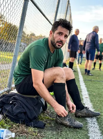 Pierpaolo, AI character: a worn public soccer field in East Boston after Sunday five-a-side with older Italian men in the background