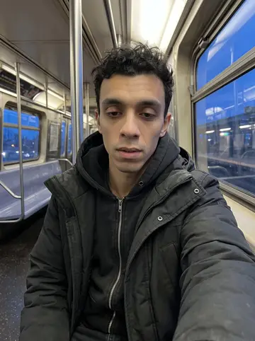 Lucio, AI character: inside a nearly empty Brooklyn subway car after a late shift, blue evening light in the train window