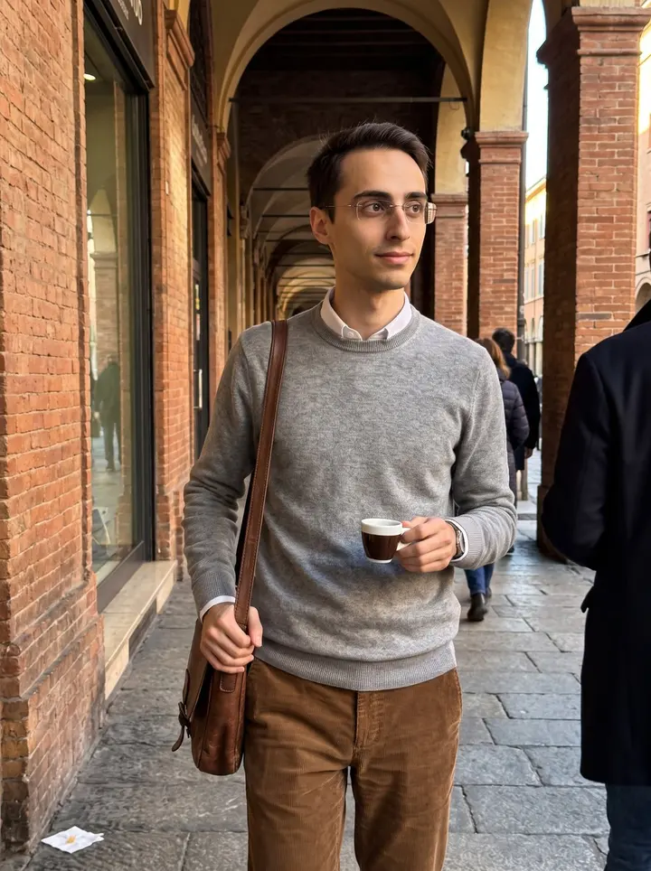 Raul, AI character: under the warm brick porticoes near Piazza Santo Stefano in Bologna, walking back from his morning…