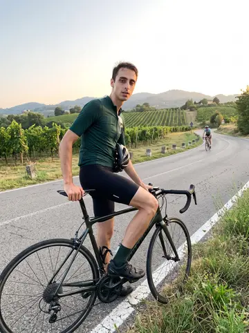 Raul, AI character: a quiet road in the Colli Bolognesi after a Sunday climb, vineyards and low hills behind him
